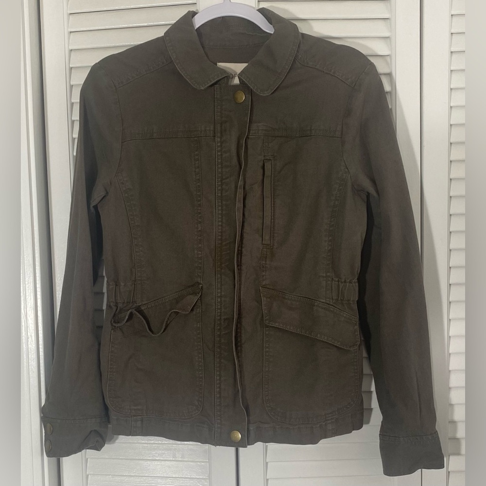 Ann Taylor Loft Olive Green Jacket, Sz S, Pockets, Cinched Waist, Cotton/Spandex